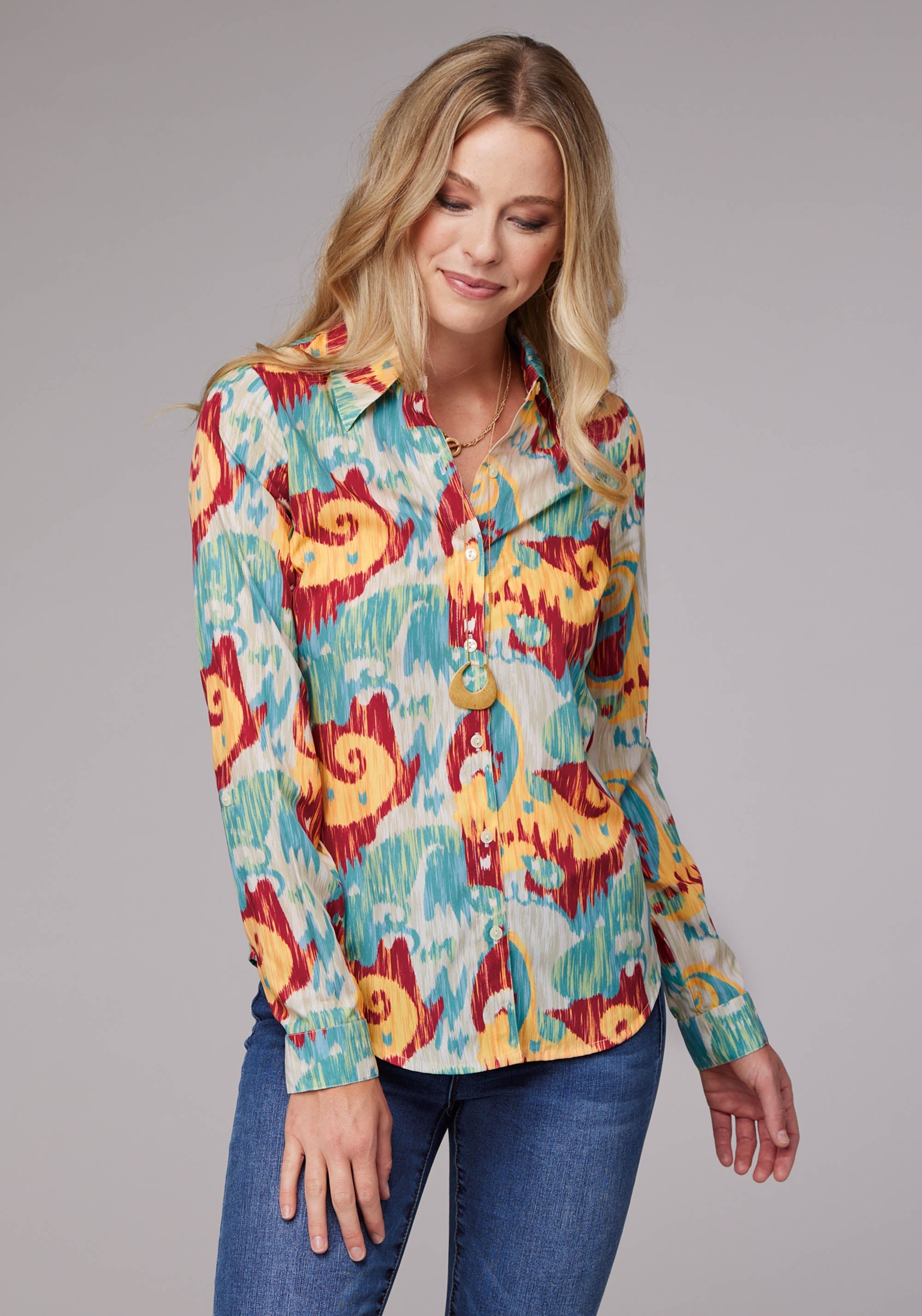 Roper Womens Long Sleeve Button Ikat Paisley Print Poly Crepe Western Shirt With Tab And Button On Sleeves