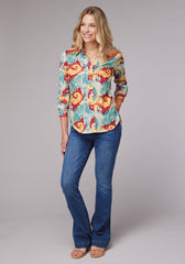 Roper Womens Long Sleeve Button Ikat Paisley Print Poly Crepe Western Shirt With Tab And Button On Sleeves