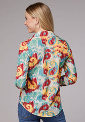 Roper Womens Long Sleeve Button Ikat Paisley Print Poly Crepe Western Shirt With Tab And Button On Sleeves