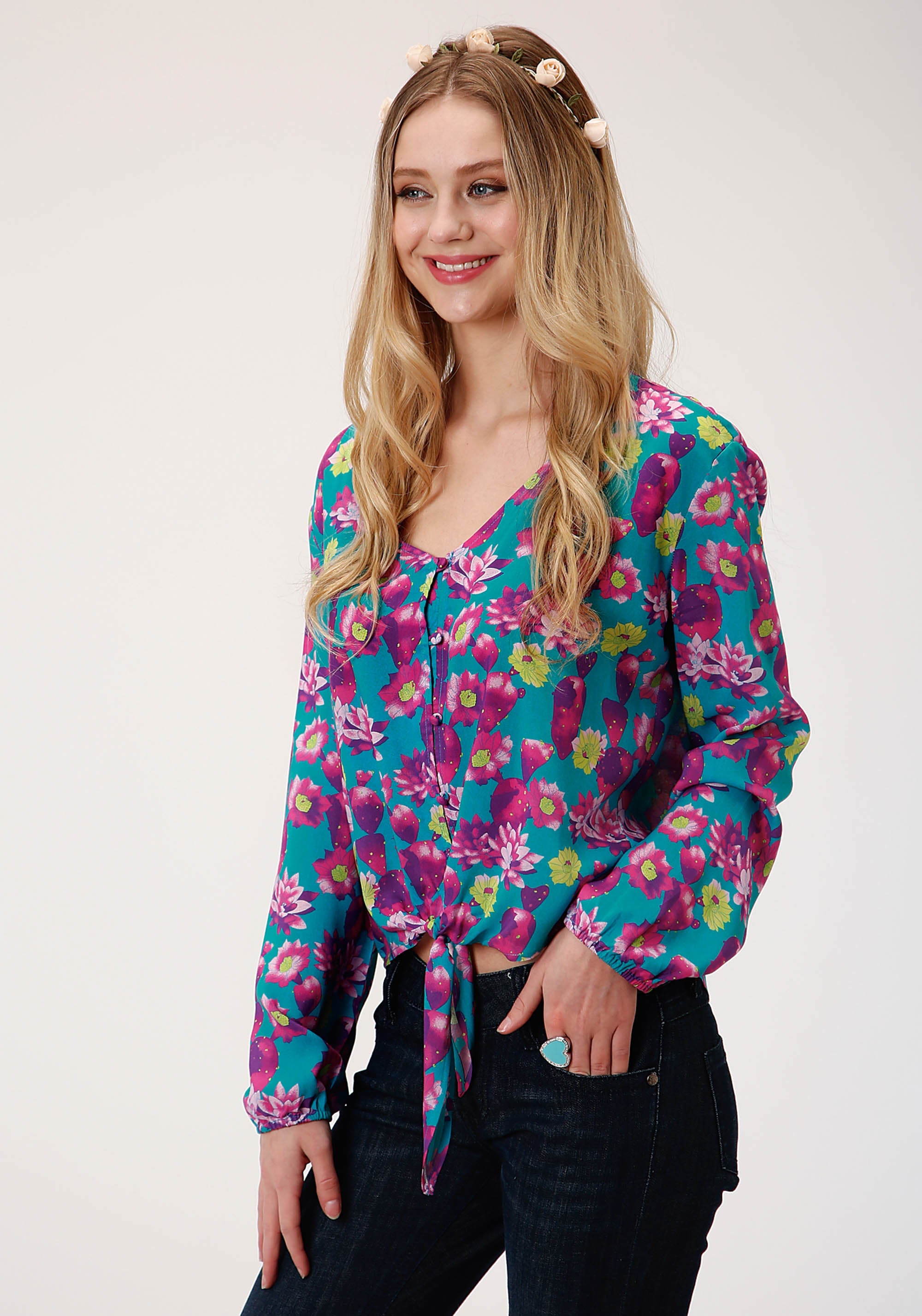 Roper Womens Blue Pink And Green Cactus Print Long Sleeve Western Shirt - Roper