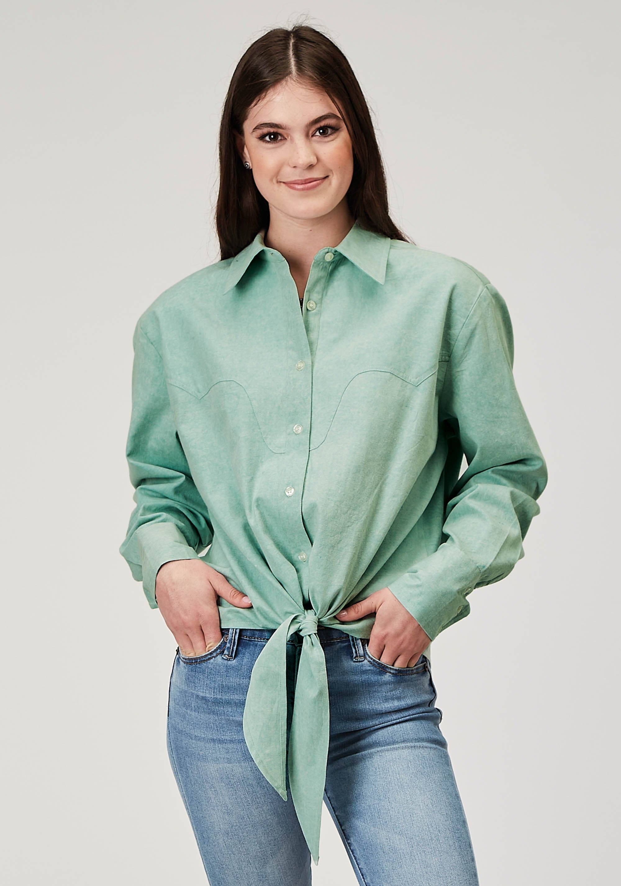 Roper Womens Long Sleeve Button Light Blue Denim Retro Western Blouse Retro Front And Back Yokes Cropped With Front Ties