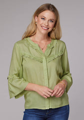 Roper Womens Long Sleeve Button Lime Green Rayon Challis Western Blouse With Ruffle Detail Elbow Length Bell Sleeve