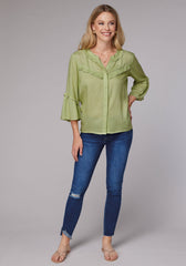 Roper Womens Long Sleeve Button Lime Green Rayon Challis Western Blouse With Ruffle Detail Elbow Length Bell Sleeve