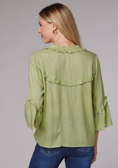 Roper Womens Long Sleeve Button Lime Green Rayon Challis Western Blouse With Ruffle Detail Elbow Length Bell Sleeve