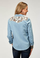 Roper Womens Long Sleeve Snap Light Blue Cotton Denim Retro Western Shirt With Vintage Floral Print Front And Back Yokes