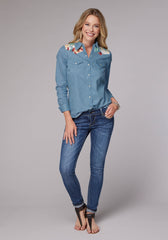 Roper Womens Long Sleeve Snap Light Blue Denim Retro Western Shirt With Ikat Paisley Print Front And Back Yokes