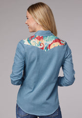 Roper Womens Long Sleeve Snap Light Blue Denim Retro Western Shirt With Ikat Paisley Print Front And Back Yokes