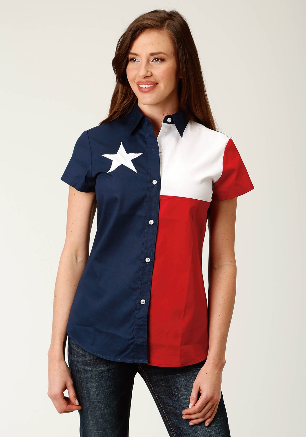 Roper Womens Red White And Blue Pieced Texas Flag Short Sleeve Western Snap Shirt