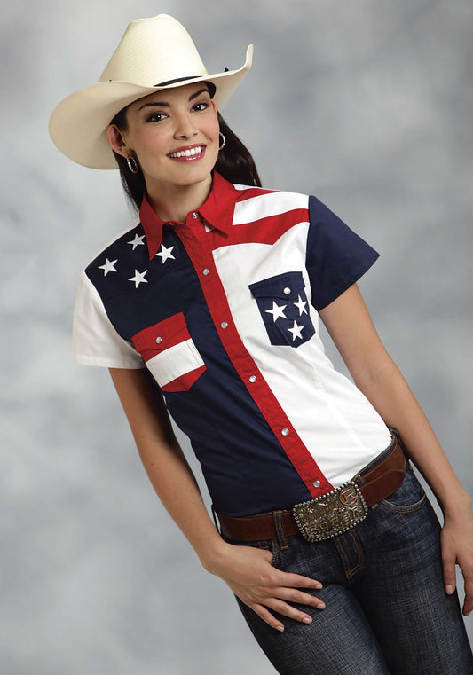 Roper Womens Red White And Blue Colorblocked Pieced Short Sleeve Western Snap Shirt