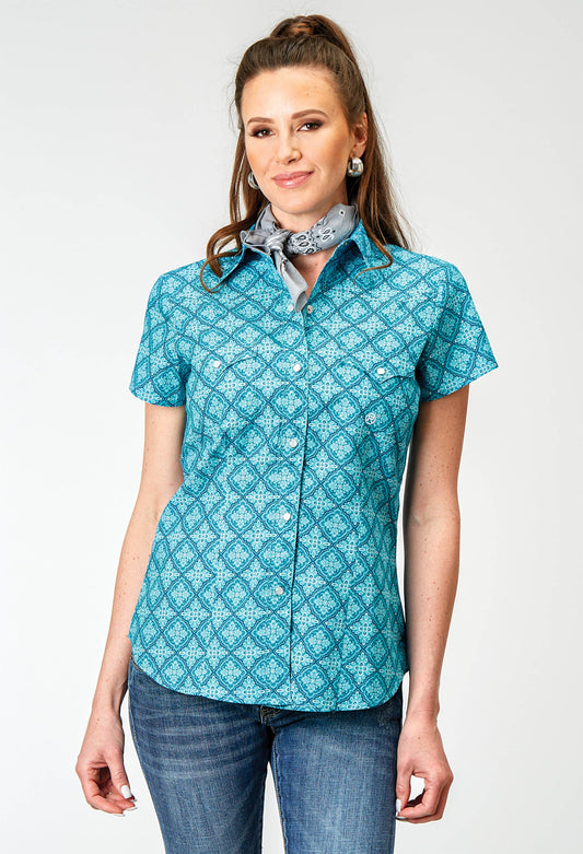 Roper Womens Short Sleeve Snap Lake Medallion Western Shirt