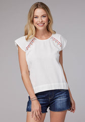 Roper Womens Short Sleeve Pullover Cotton Rayon Flex Short Sleeve Peasant Top With Flutter Raglan Sleeves Embroidery