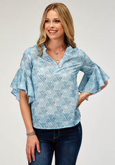 Roper Womens Short Sleeve Pullover Ikat Cheveron Print Poly Blouse With V Neck Placket And Circular Ruffle Cuffs