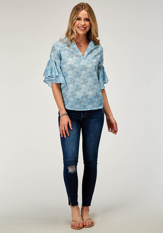 Roper Womens Short Sleeve Pullover Ikat Cheveron Print Poly Blouse With V Neck Placket And Circular Ruffle Cuffs