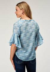 Roper Womens Short Sleeve Pullover Ikat Cheveron Print Poly Blouse With V Neck Placket And Circular Ruffle Cuffs