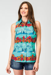 Roper Womens Sleeveless Snap Hawaiian Print Top