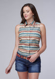 Roper Womens Sleeveless Snap Distressed Aztec Print Top