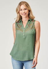 Roper Womens Sleeveless Button Rayon Challis Greenblouse With V Neck And Embroidery