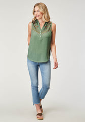 Roper Womens Sleeveless Button Rayon Challis Greenblouse With V Neck And Embroidery