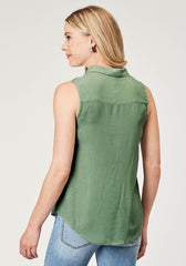 Roper Womens Sleeveless Button Rayon Challis Greenblouse With V Neck And Embroidery