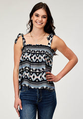 Roper Womens Sleeveless Navy Aztec Printed Rayon Tank With Babydoll Self Ties Shirring