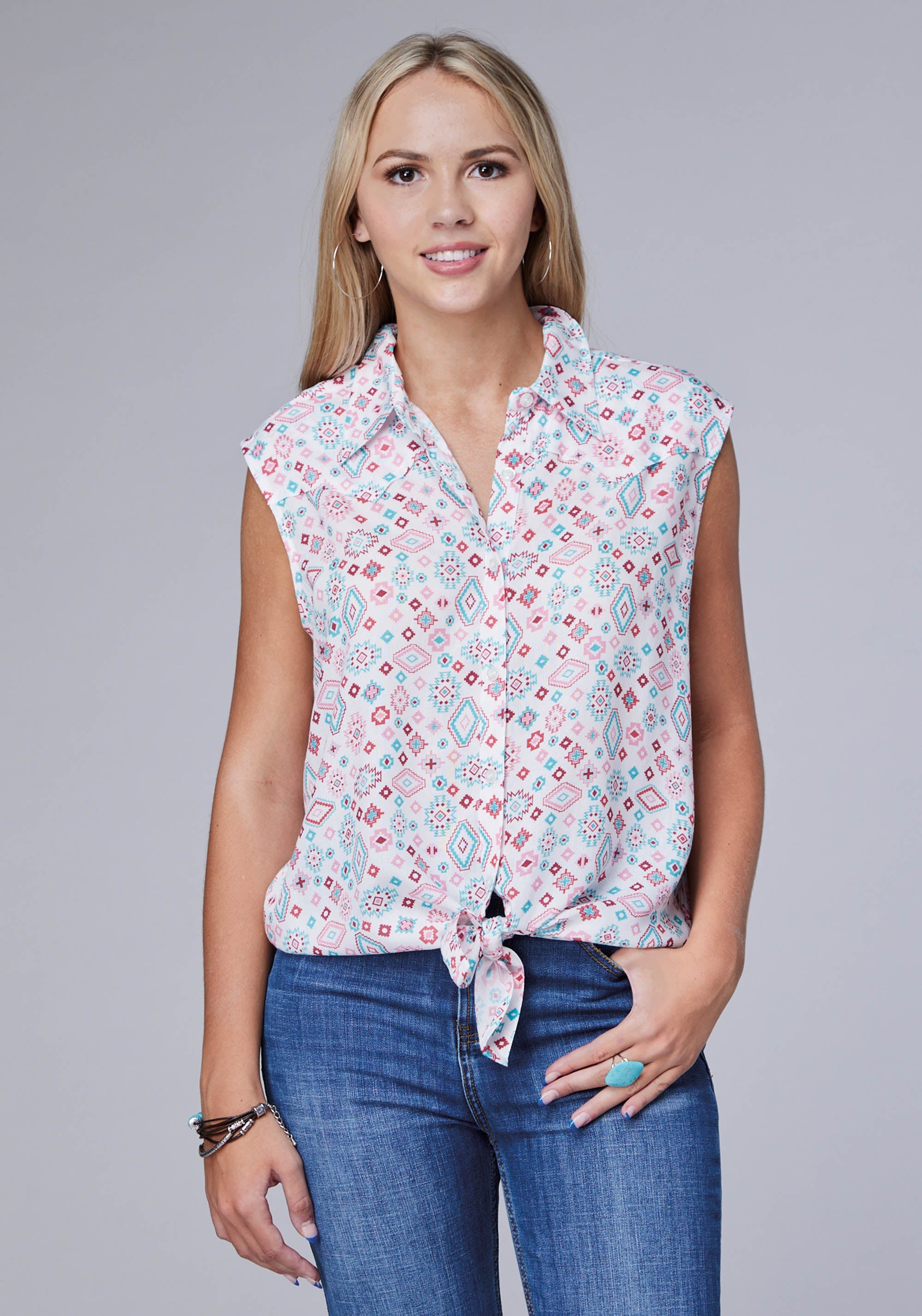 Roper Womens Sleeveless Button Scattered Aztec Printed Rayon Blouse With Retro Tie Front - Roper