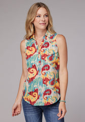 Roper Womens Sleeveless Button Ikat Paisley Print Poly Crepe Blouse