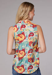 Roper Womens Sleeveless Button Ikat Paisley Print Poly Crepe Blouse