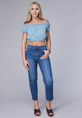 Roper Womens Sleeveless Light Blue Denim Top Twith Elastic Around Neckline Cuff And Hemline