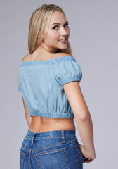 Roper Womens Sleeveless Light Blue Denim Top Twith Elastic Around Neckline Cuff And Hemline