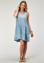 Roper Womens Sleeveless Light Blue Cotton Denim Dress With V Neck 3 Tiers Bodice Embroidery