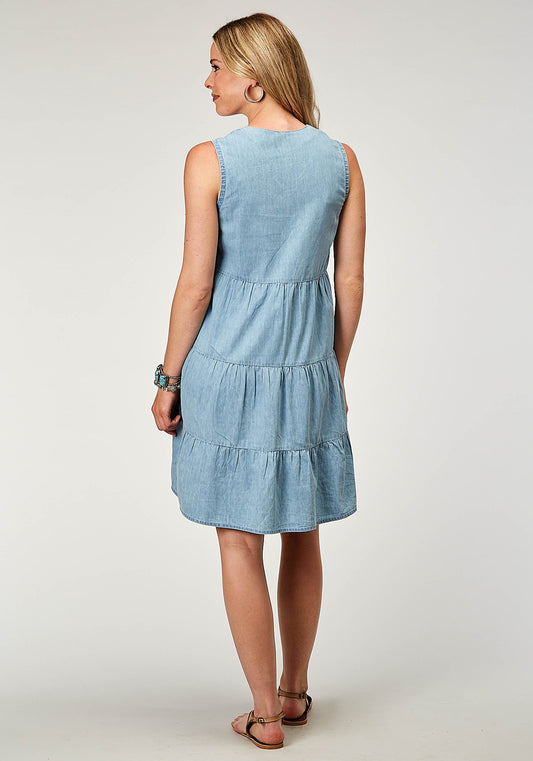 Roper Womens Sleeveless Light Blue Cotton Denim Dress With V Neck 3 Tiers Bodice Embroidery