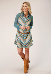 Roper Womens Long Sleeve Watercolor Stripe Print Shirt Dress With Contrast Denim Yokes And Sleeves