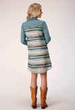 Roper Womens Long Sleeve Watercolor Stripe Print Shirt Dress With Contrast Denim Yokes And Sleeves