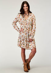 Roper Womens Long Sleeve Feather Toss Printed Rayon Dress With V Neck 2 Tier Sleeve Self Ruffles