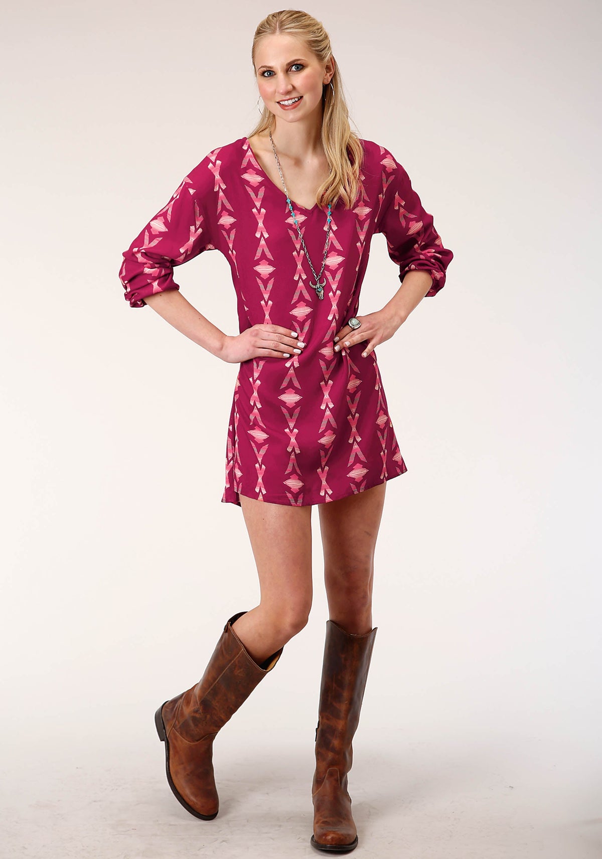 Roper Womens Long Sleeve Wine Aztec Print Dolman Sleeveless Dress