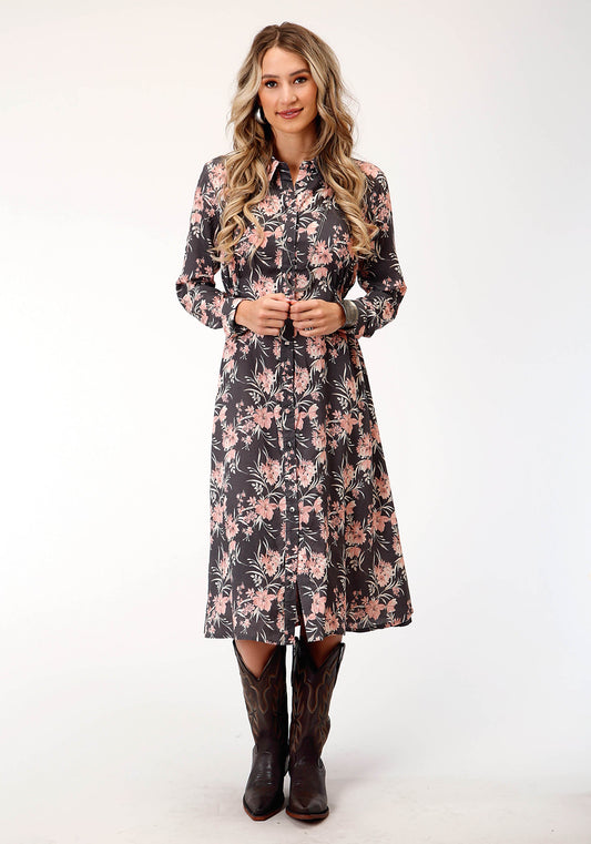 Roper Womens Long Sleeve Coral Floral Print Western Dress