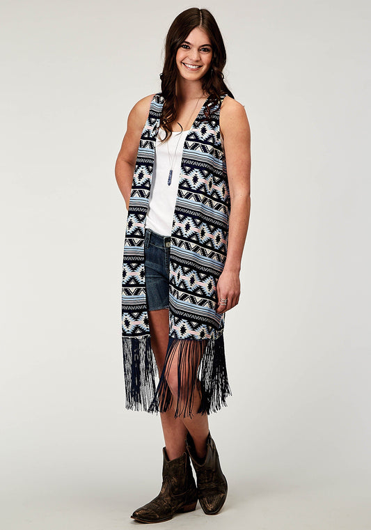 Roper Womens Navy Aztec Printed Rayon Vest With Racer Back Cardigan Long Fringe Trim