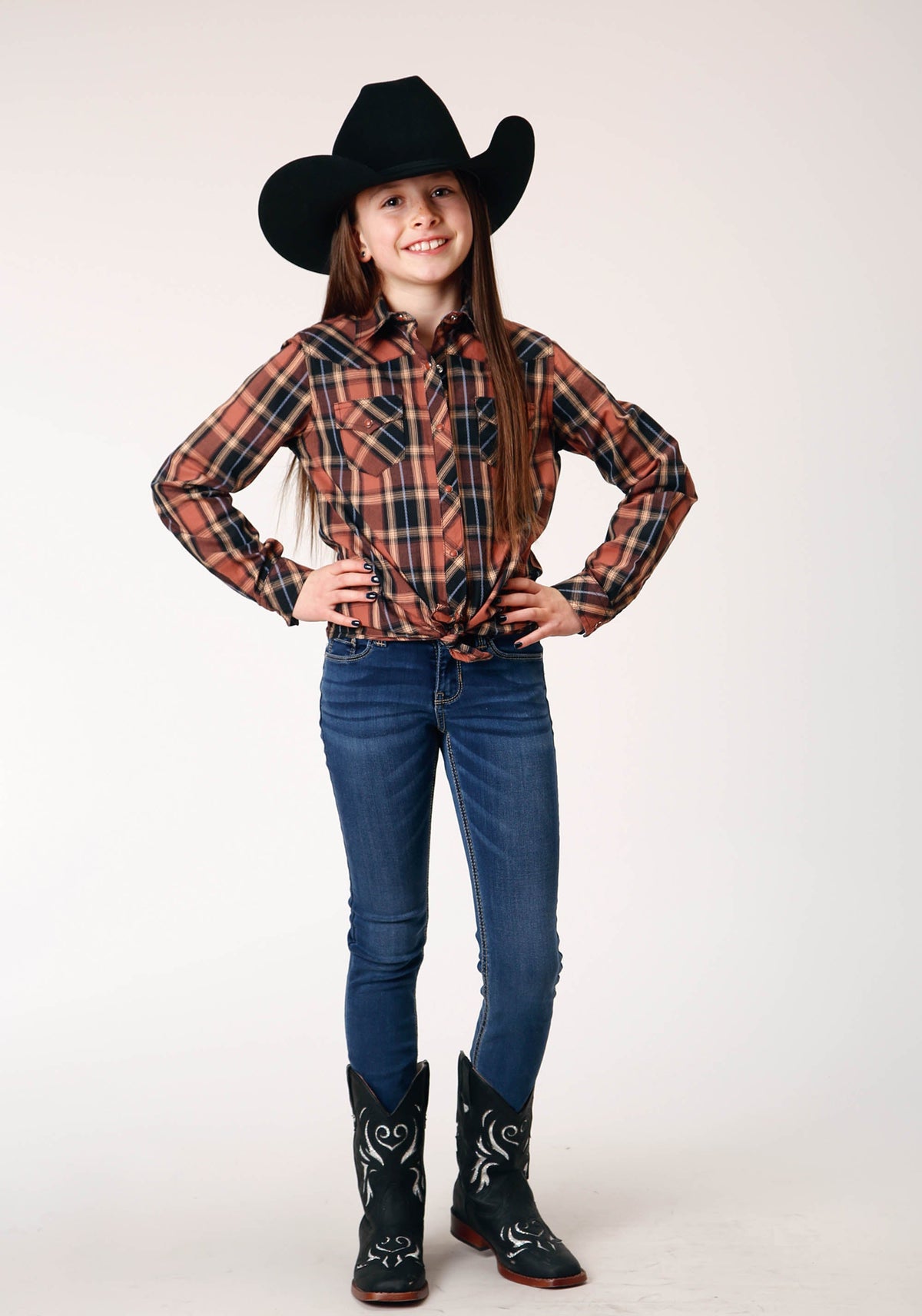 Roper Girls Long Sleeve Snap Arrow Dobby Plaid Western Shirt