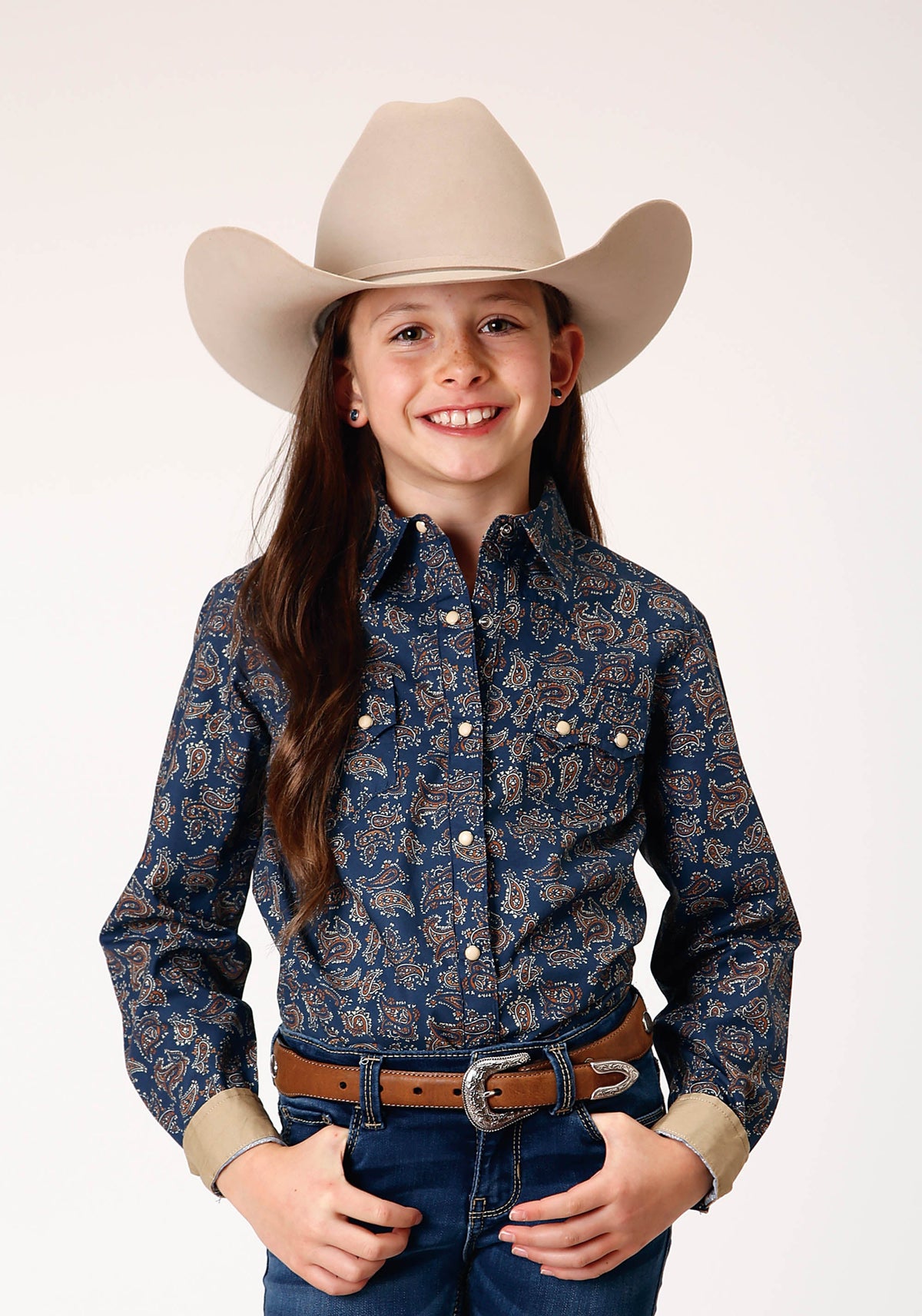 Roper Girls Long Sleeve Snap Navy Paisley Western Shirt