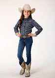 Roper Girls Long Sleeve Snap Navy Paisley Western Shirt