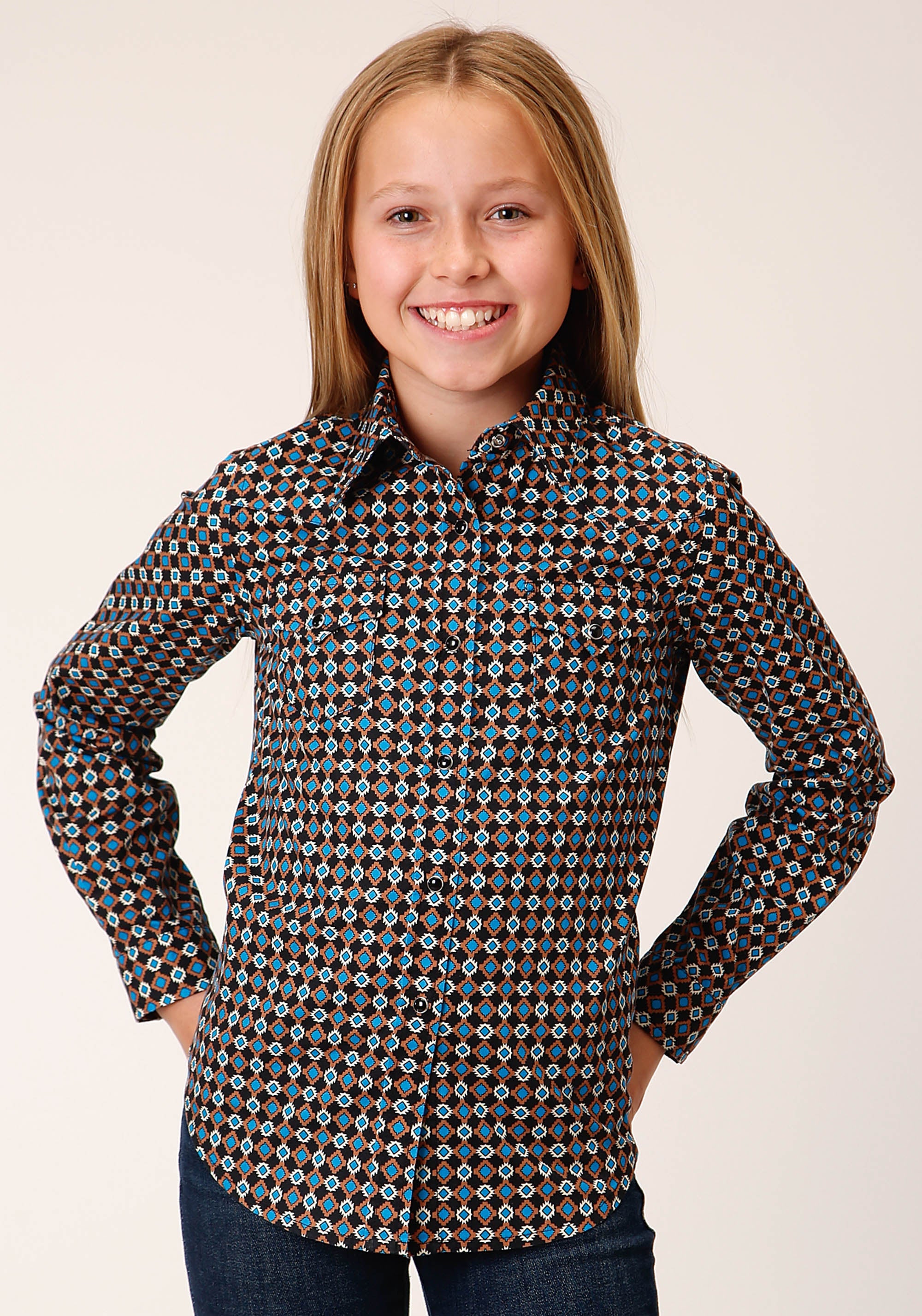 Roper Girls Long Sleeve Snap Aztec Medallions Western Shirt