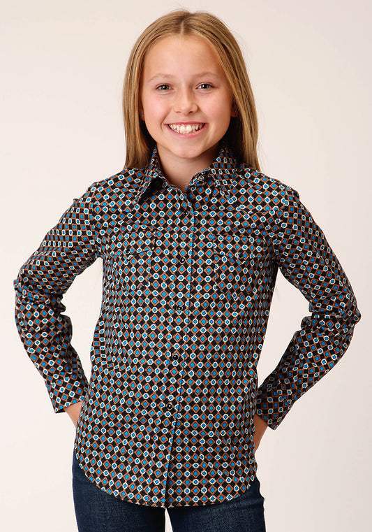 Roper Girls Long Sleeve Snap Aztec Medallions Western Shirt - Roper