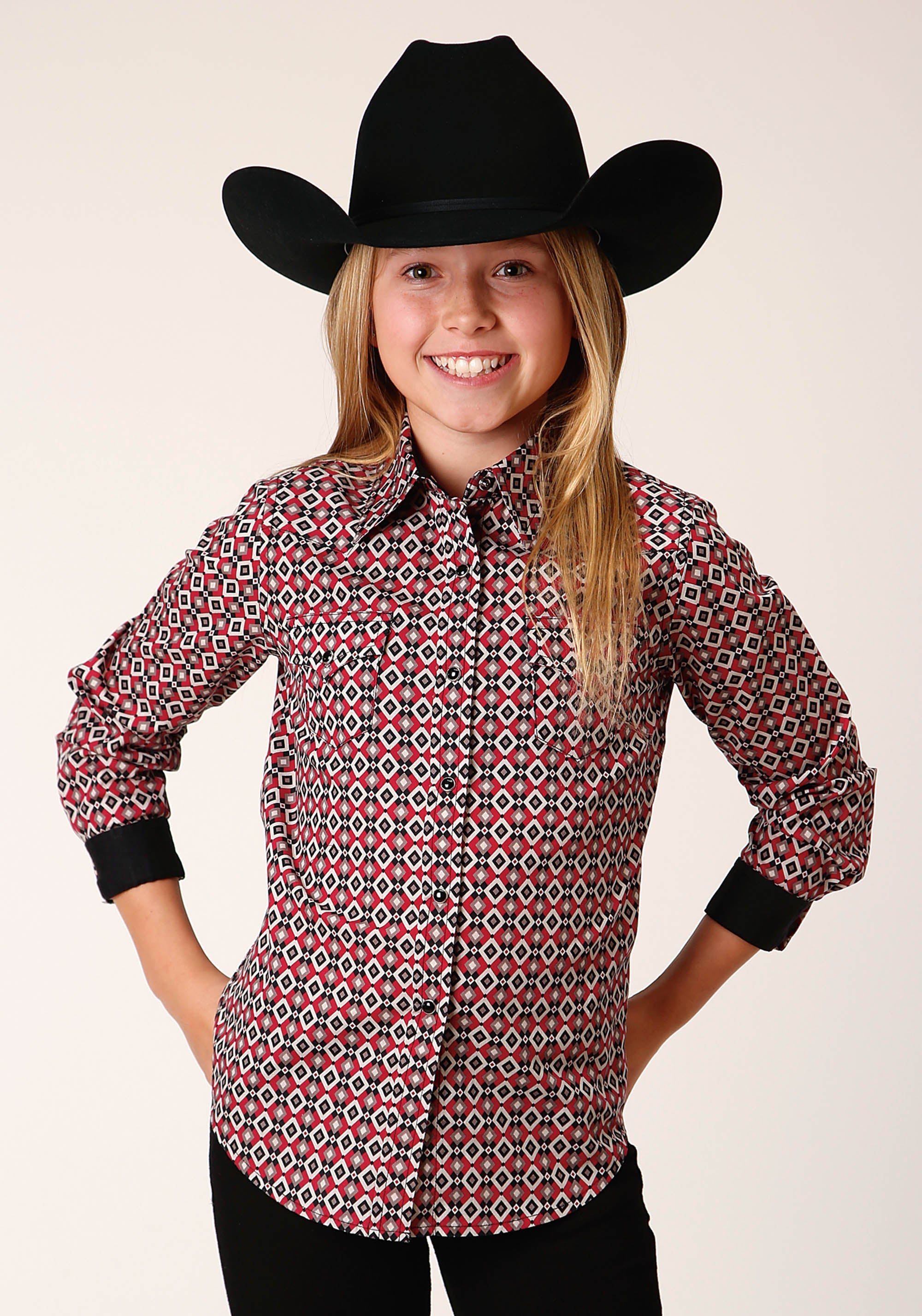 Roper Girls Long Sleeve Snap Western Diamond Print Western Shirt