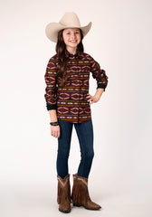 Roper Girls Long Sleeve Snap Red Aztec Horizontal Stripe Western Shirt