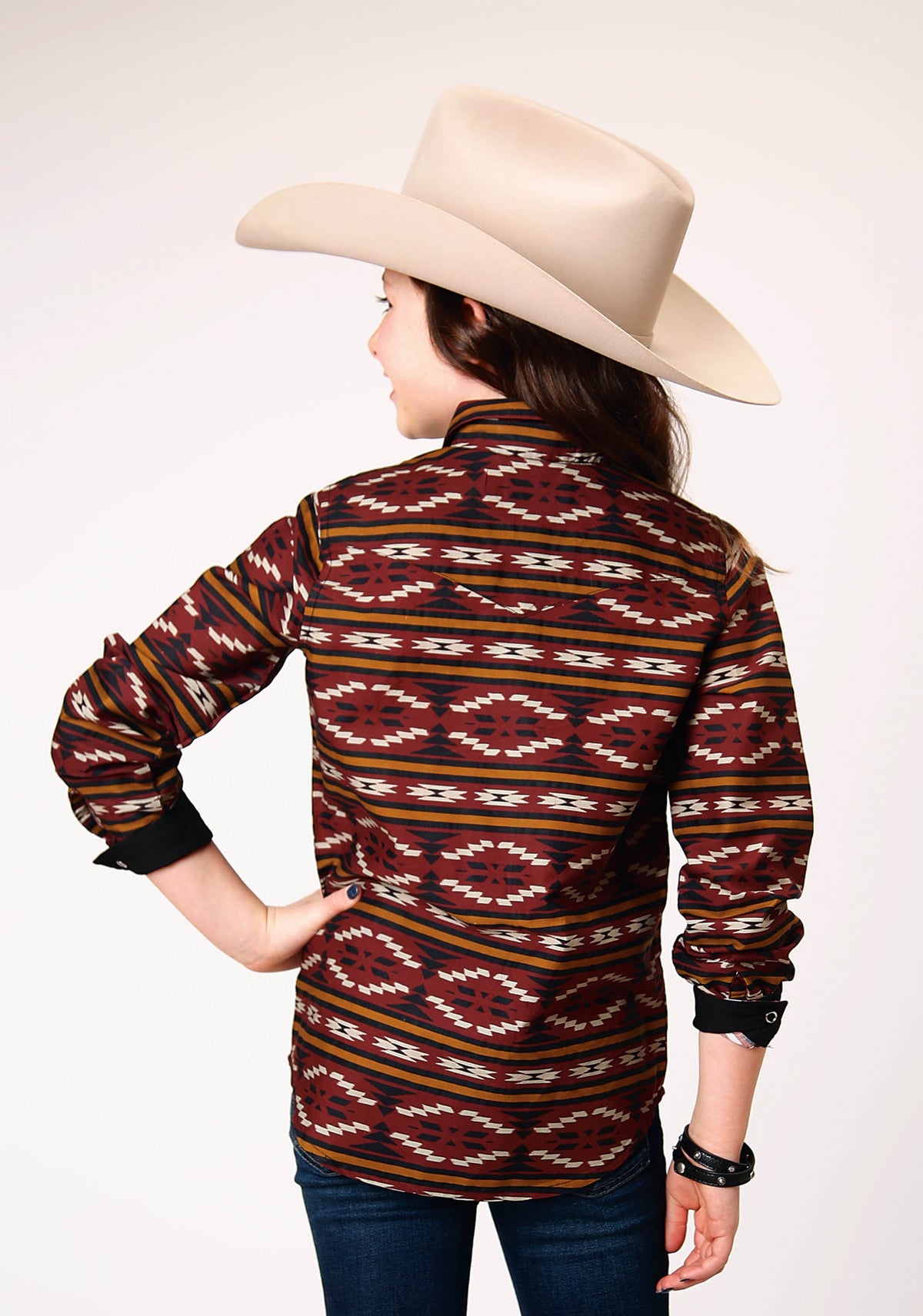 Roper Girls Long Sleeve Snap Red Aztec Horizontal Stripe Western Shirt