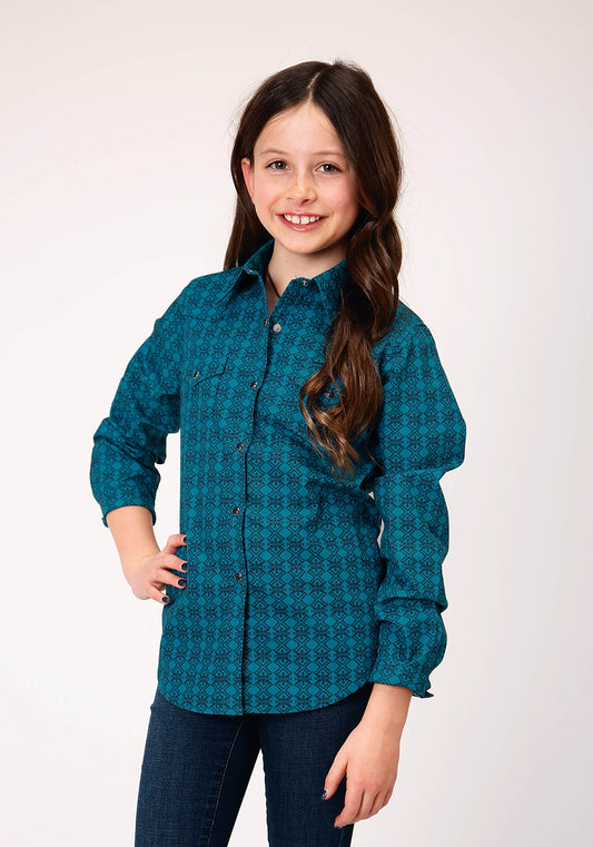 Roper Girls Long Sleeve Snap Tiles Print Western Shirt