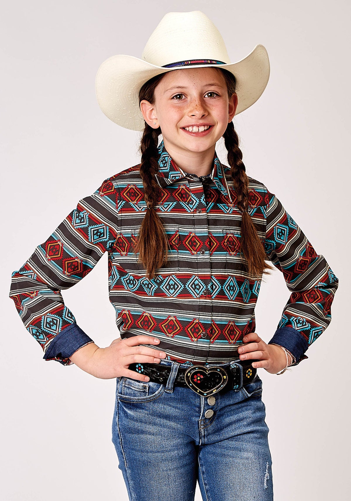 Roper Girls Long Sleeve Snap Aztec Stripe Print Western Shirt