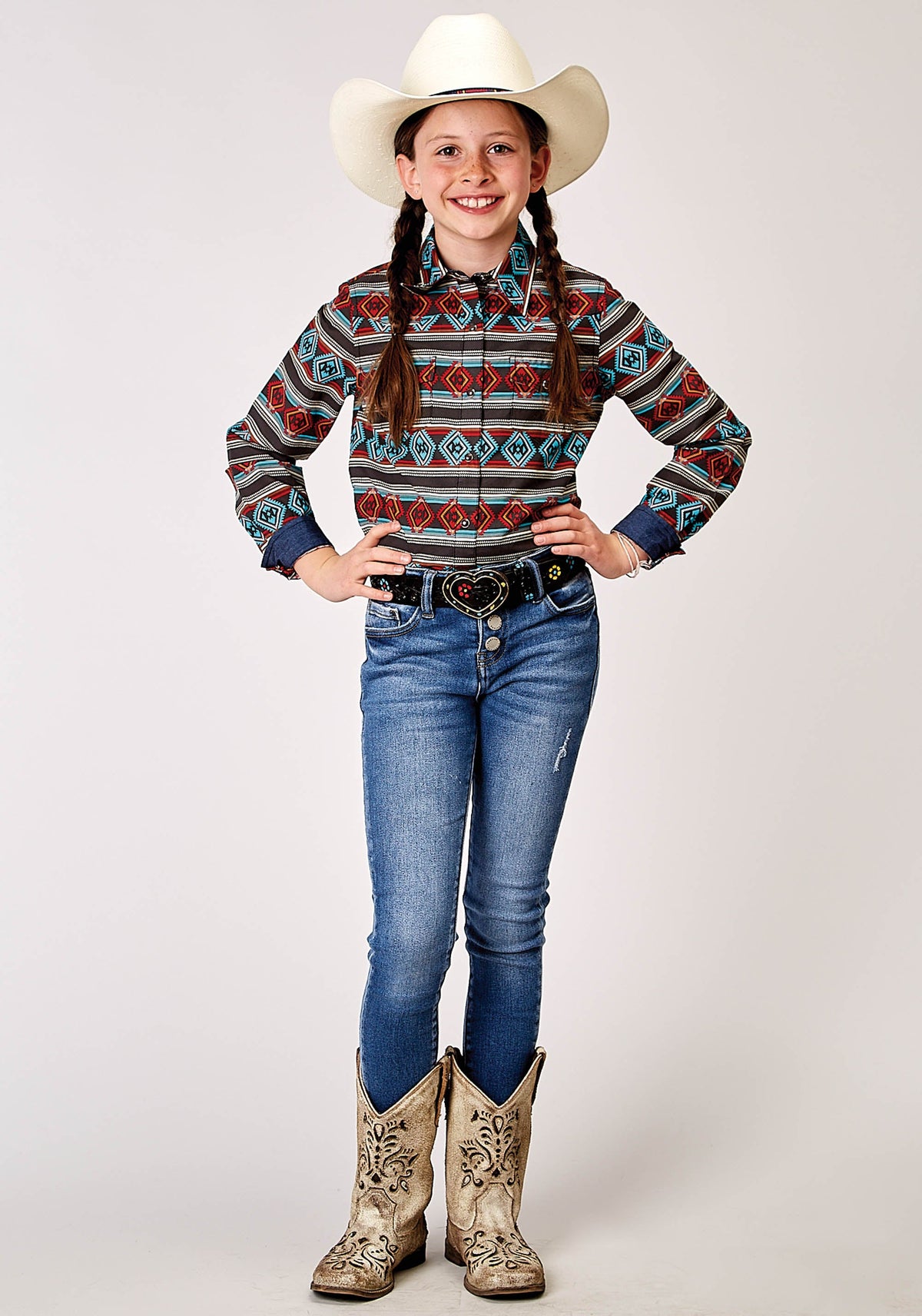 Roper Girls Long Sleeve Snap Aztec Stripe Print Western Shirt