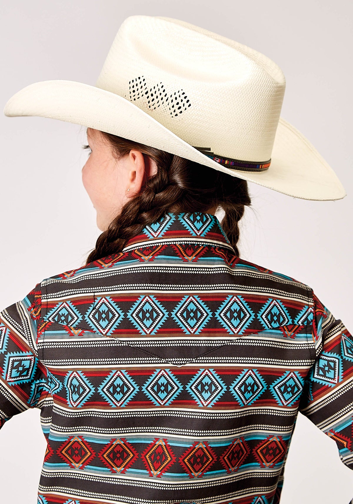 Roper Girls Long Sleeve Snap Aztec Stripe Print Western Shirt