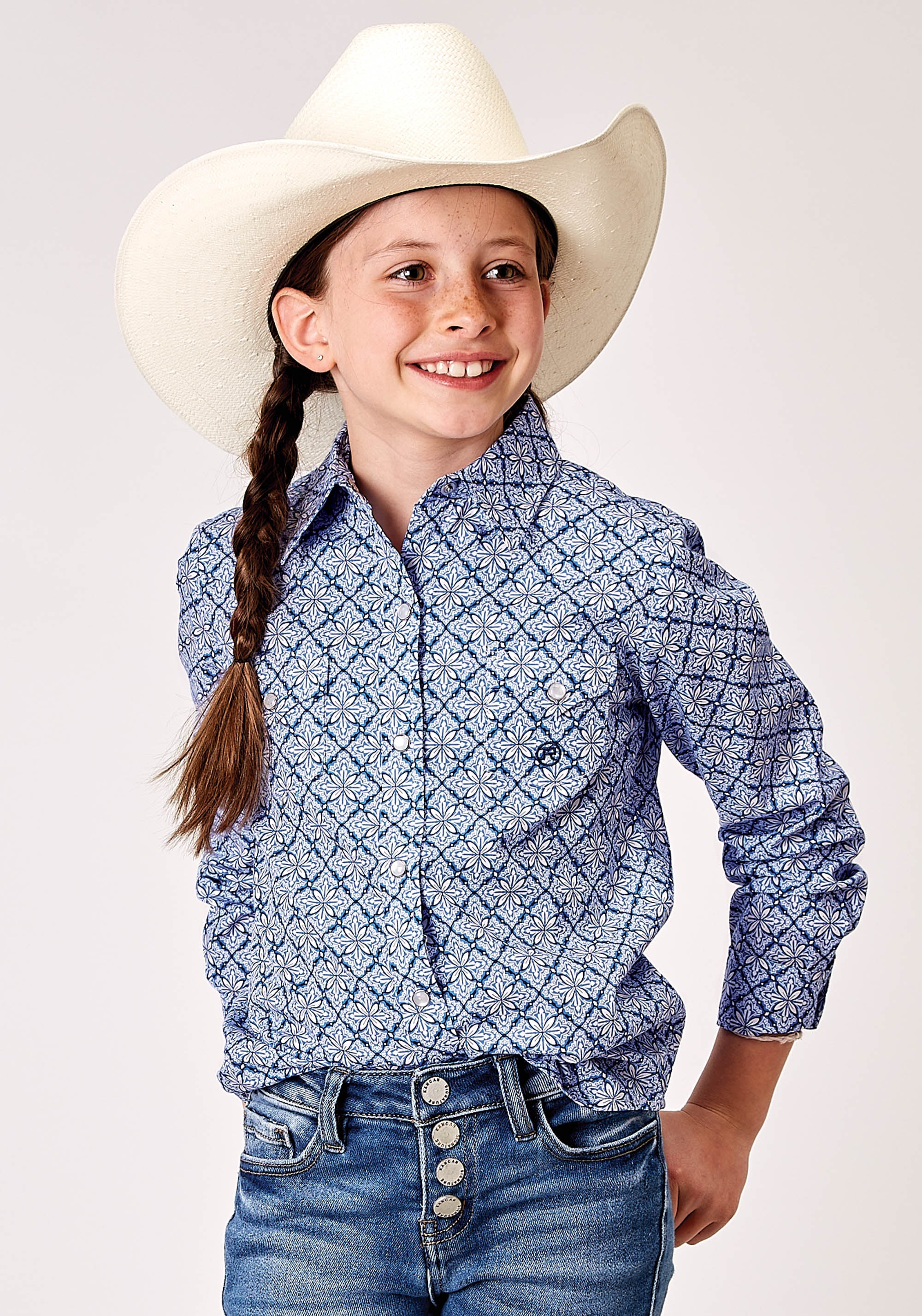 Roper Girls Long Sleeve Snap Blue Skies Tie Print Western Shirt